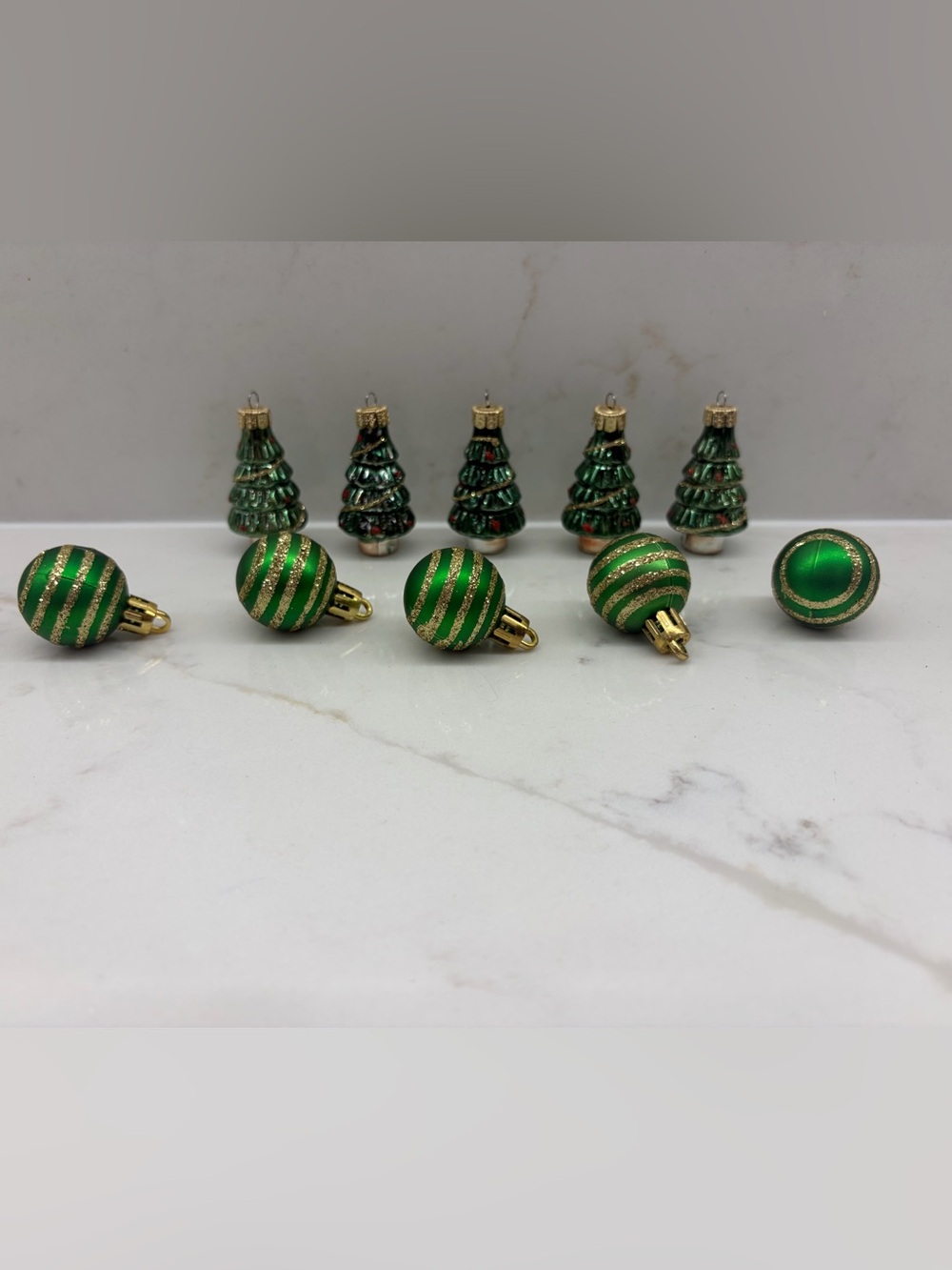 Green and Gold Mini Christmas Ornament Set Trees and Stripped